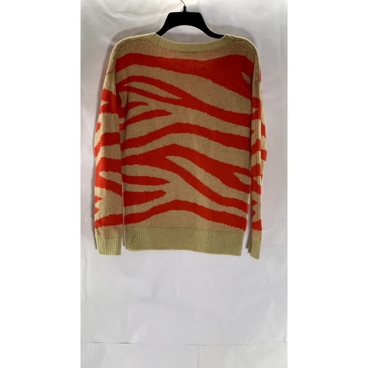 CLUB MONACO Women's Tan-Red Zebra Striped Crewneck Knit Pullover Sweater SZ S