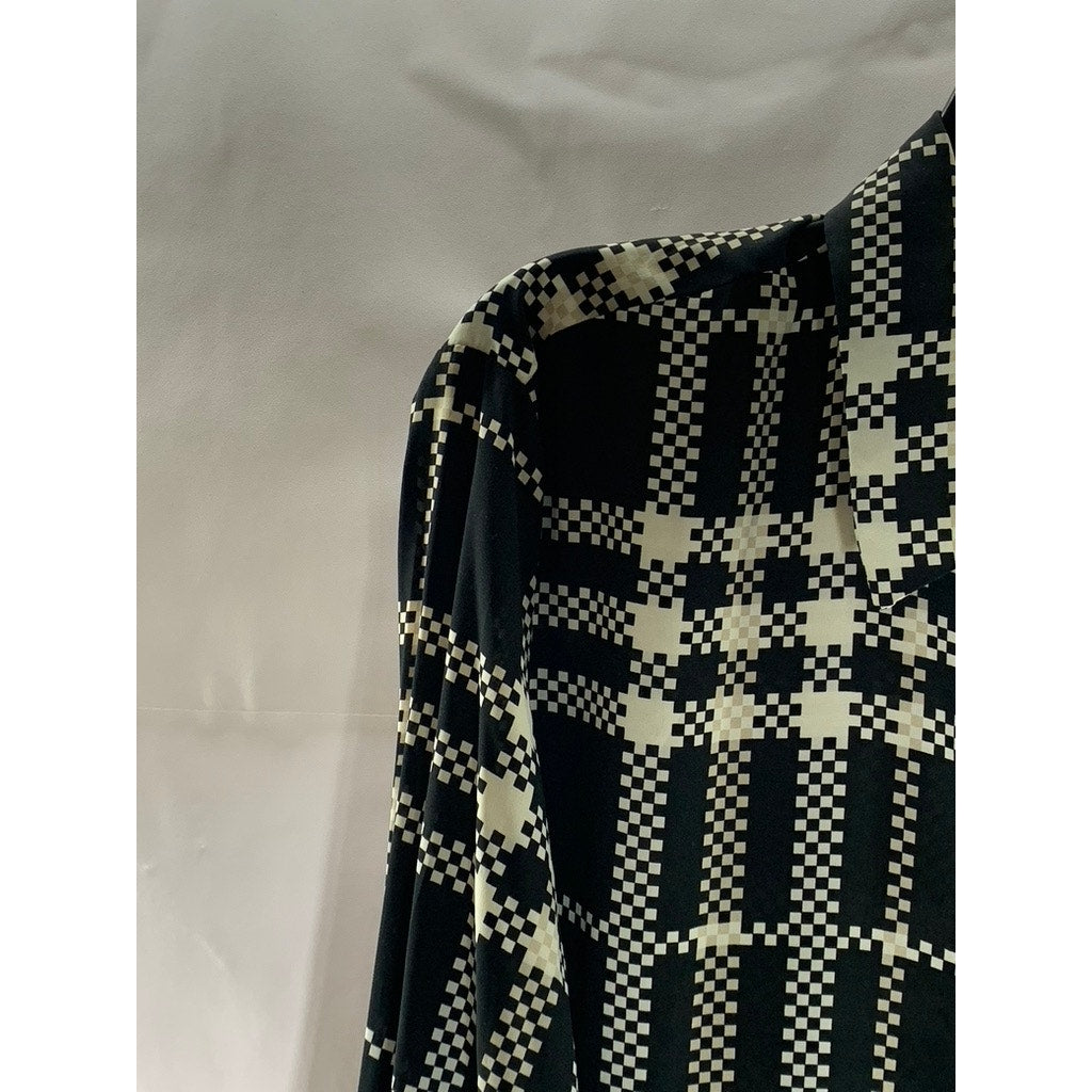 CALVIN KLEIN Women's Black/White Plaid Regular-Fit Button-Up Long Sleeve Top SZM