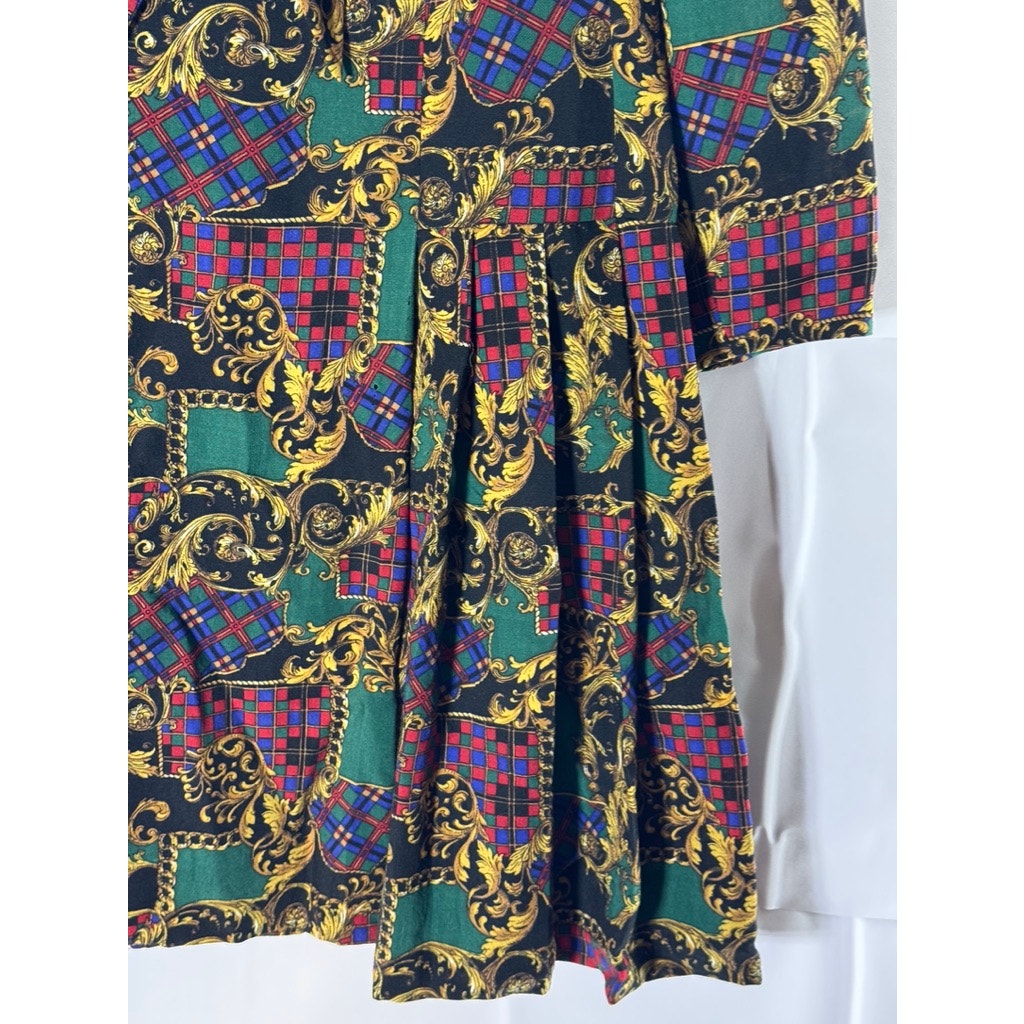 Women's Green/Tan Printed Wool Tie-Neck Long-Sleeve Fit & Flare Dress SZ M