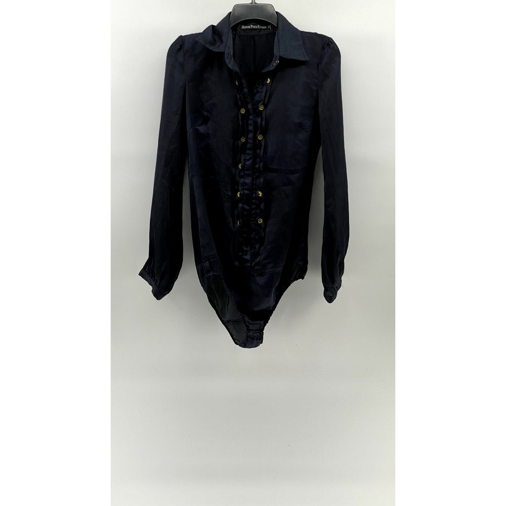 HONOR POEM REASON Women’s Navy-Gold Button-Up Long Sleeve Bodysuit SZ 38(US8)
