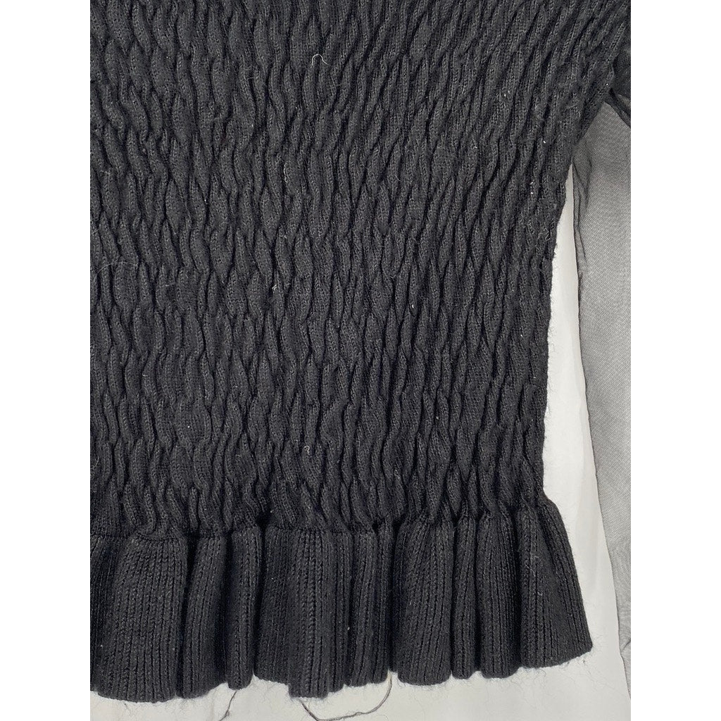 UNBRANDED Women’s Black Mesh Balloon Long Sleeve Smocked Crop Top SZ XS