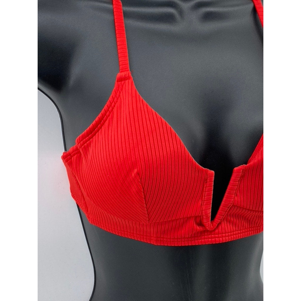 SHADE & SHORE Women's Red Textured Cross Back Strap Split-Neck Bikini Top SZ 32B