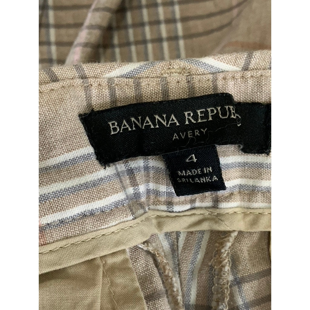 BANANA REPBULIC Women's Tan Plaid Avery Straight-Leg Linen-Blend Cuffed Pant SZ4
