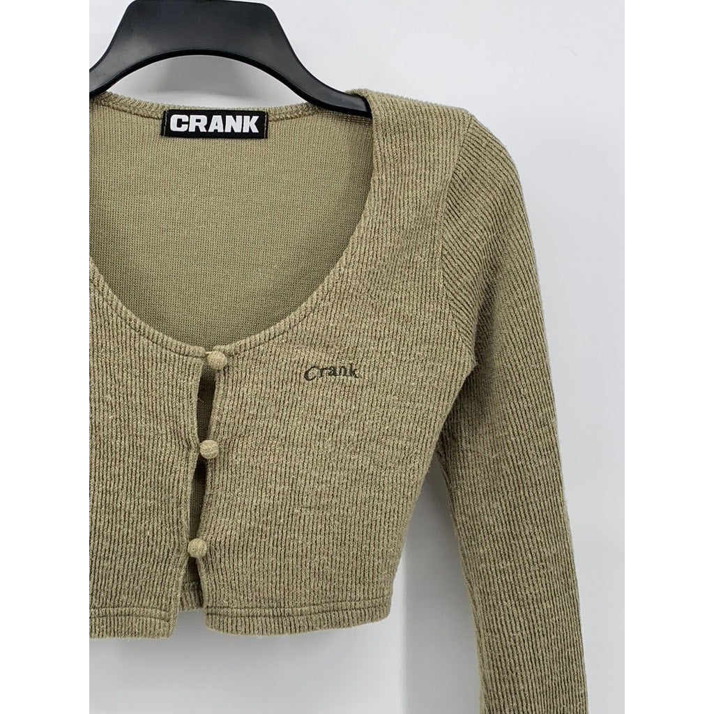 CRANK Women's Green Knit Scoop-Neck Button-Up Long Sleeve Cropped Top SZ XS