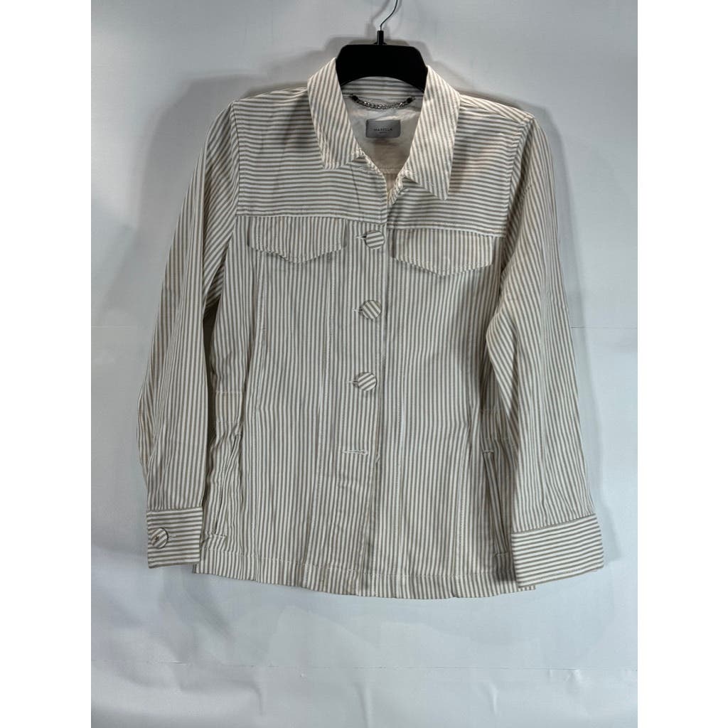 MARELLA SPORT Women's Button Down Striped Tan/White Shirt Jacket SZ 10 US