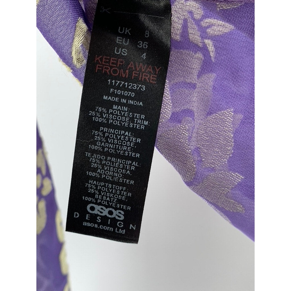 ASOS Women's Purple-Beige Floral Print Long Sleeve V-Neck Open Back Top SZ 4