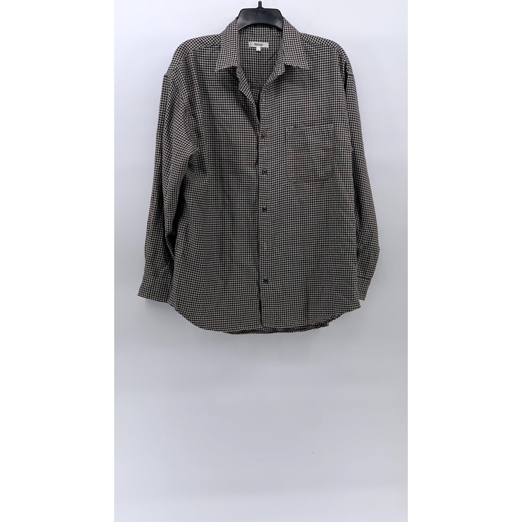 NYLAUS Men's Brown-Black Houndstooth Print Button-Up Rare Vintage Shirt SZ L