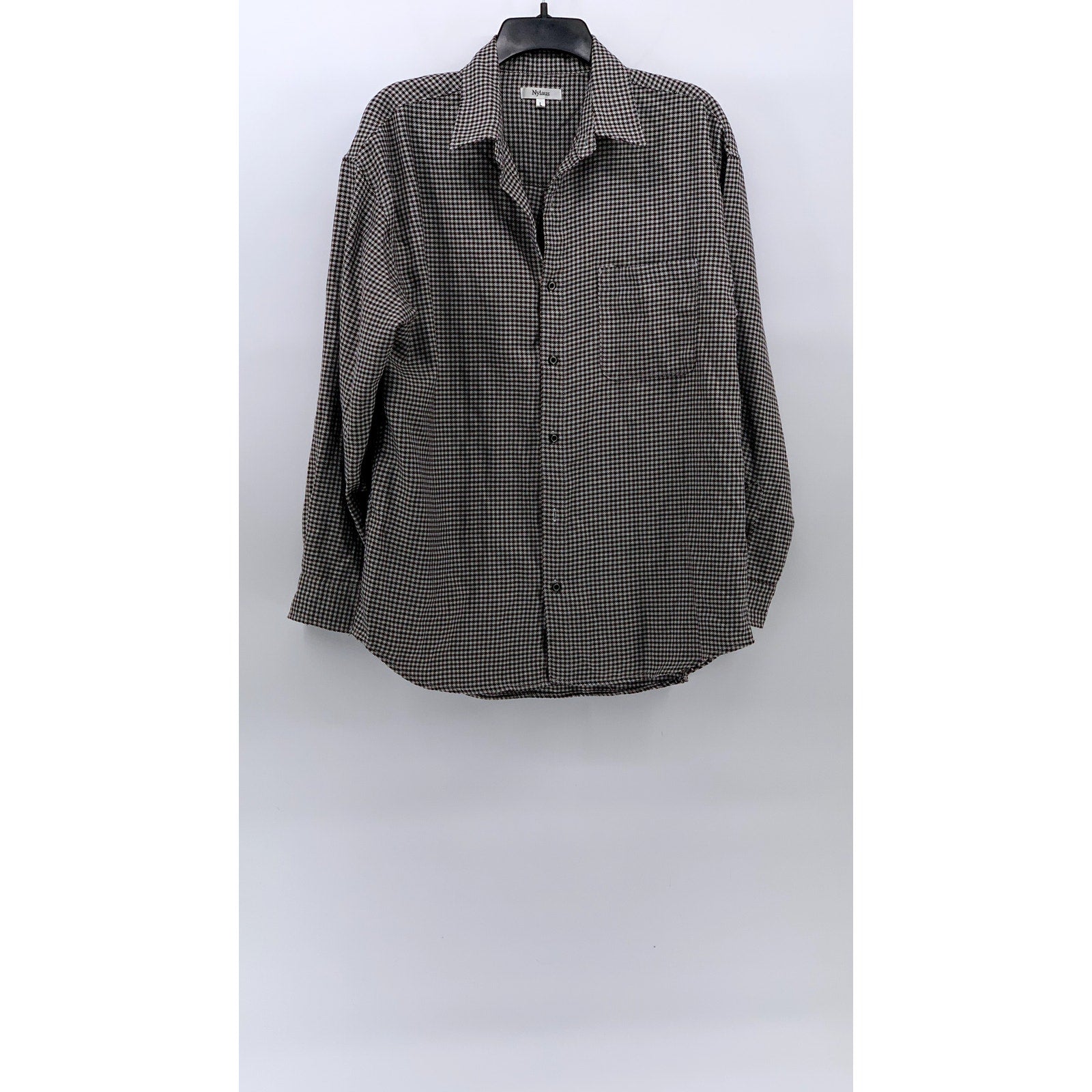 NYLAUS Men's Brown-Black Houndstooth Print Button-Up Rare Vintage Shirt SZ L