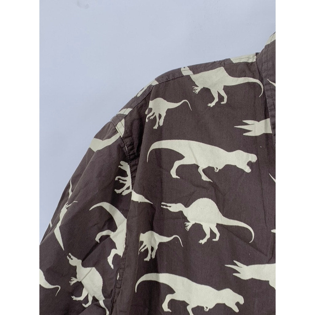 MASSIVE APPAREL Men's Dinosaur Print Brown Button Front Short Sleeve Shirt SZ XL