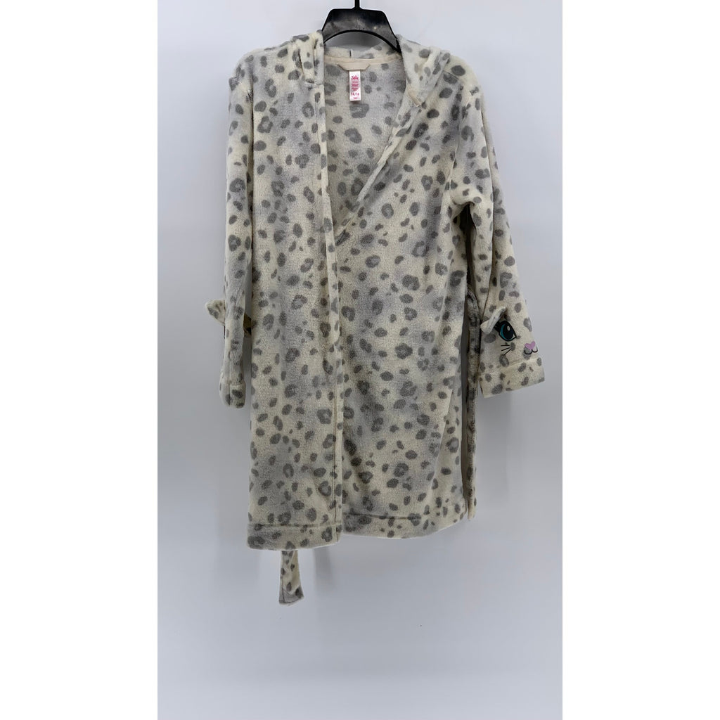 JUSTICE Girls' Gray-White Leopard Print Hooded Wrap Tie Robe SZ 14/16