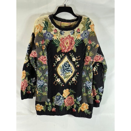 CRYSTAL-KOBE Women's Black Vintage Floral Thick Knit Crewneck Sweater SZ M