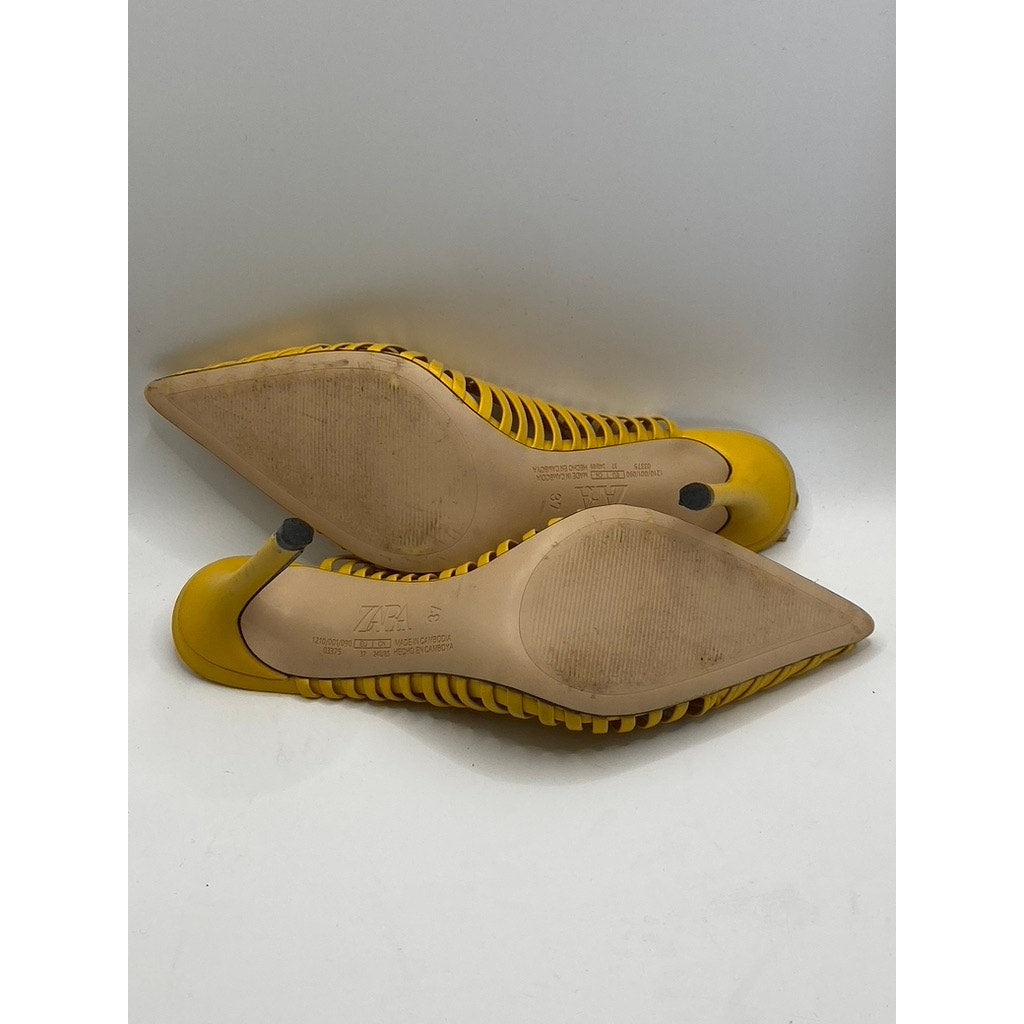 ZARA Women’s Mustard Yellow Cutout Strappy Pointed-Toe Slingback Heels SZ US6.5
