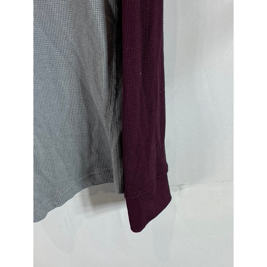 UNDER ARMOUR Men's Gray/Burgundy Colorblock Crewneck Loose Thermal Shirt SZ L