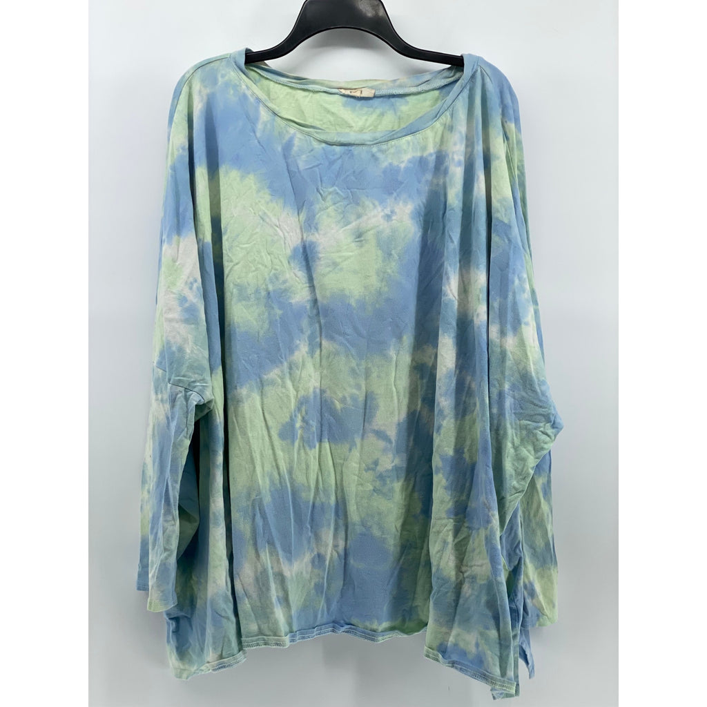 EASEL Women's Blue-Green Tie-Dye Long Sleeve Boatneck Top SZ 3X
