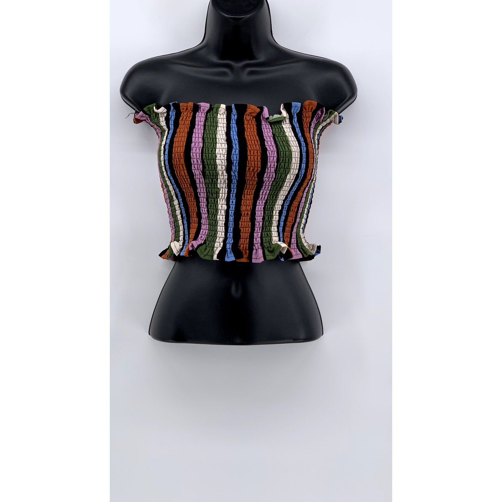 UNBRANDED Women's Black-Multi Smocked Striped Strapless Crop Top SZ L