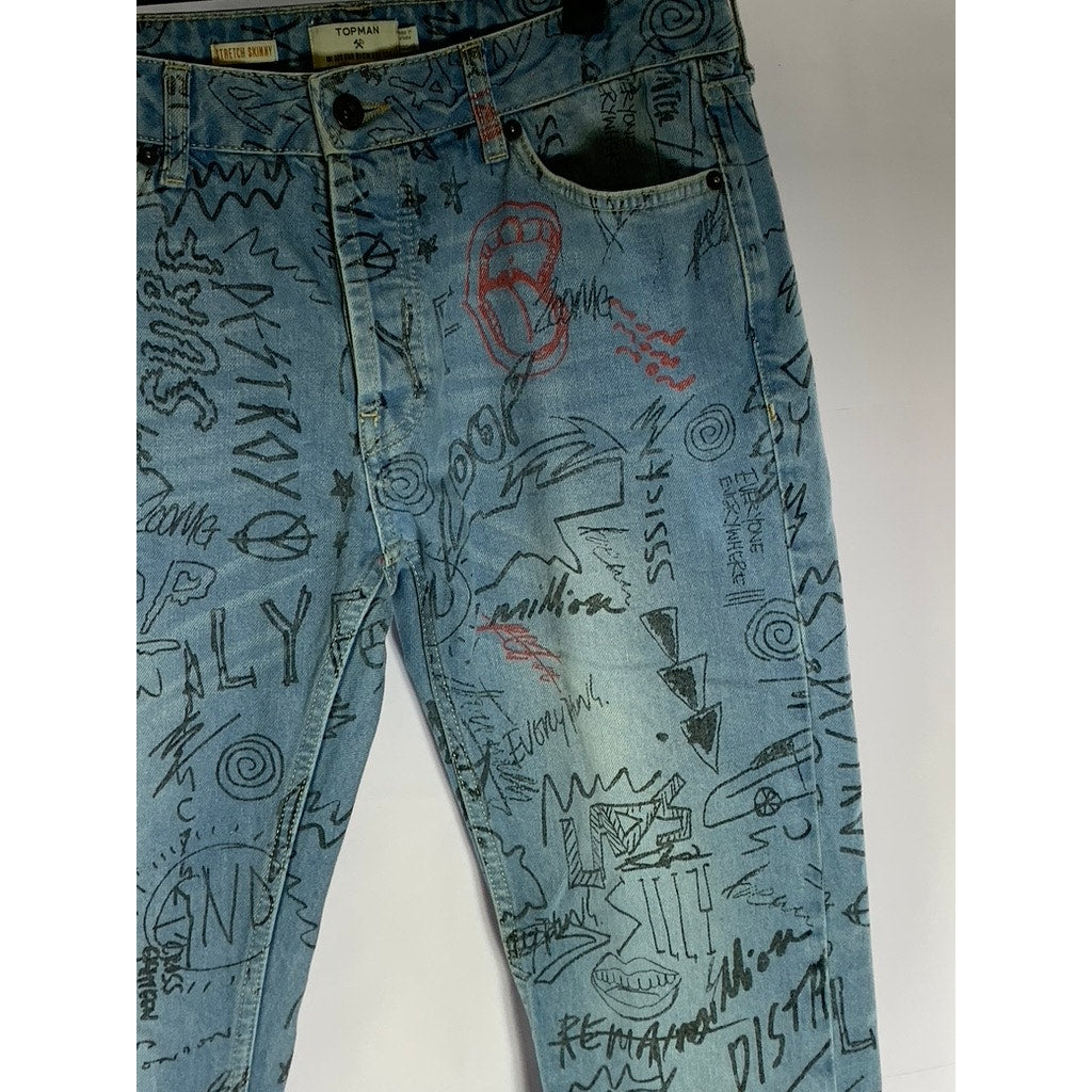 TOPMAN Men's Light Blue Doodle Print Stretch Skinny-Leg Five-Pocket Jean SZ 32S