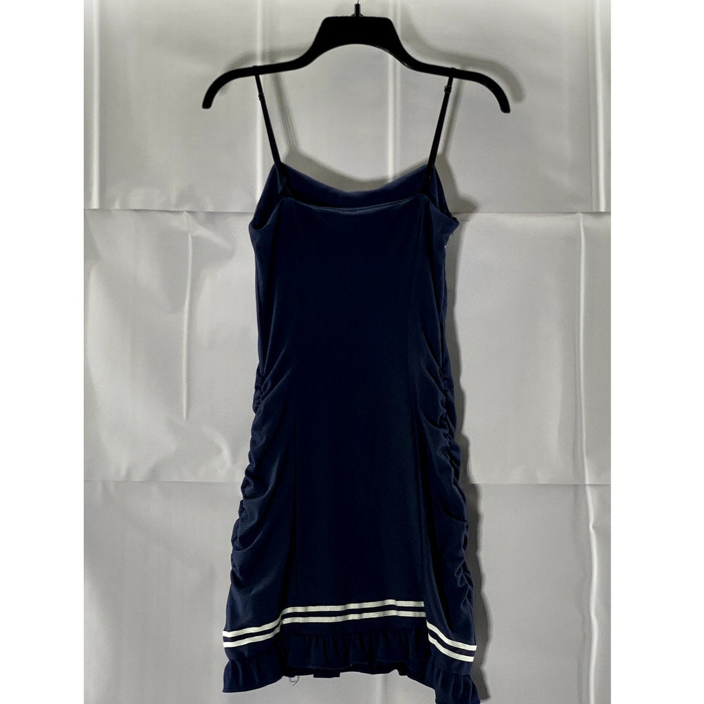 UNBRANDED Women's Navy/White Striped Ribbed Ruffle-Hem Ruched Mini Dress SZ 1