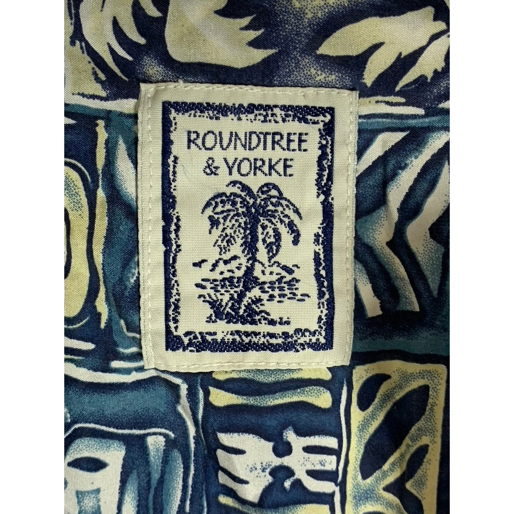 ROUNDTREE & YORKE Men's Vintage Blue Silk Hawaiian Print Button-Up Shirt SZ L