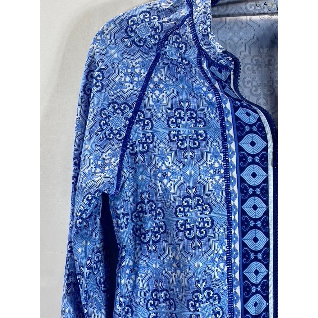 CABANA LIFE Women's Blue Printed Split-Neck Long Sleeve Top SZ L