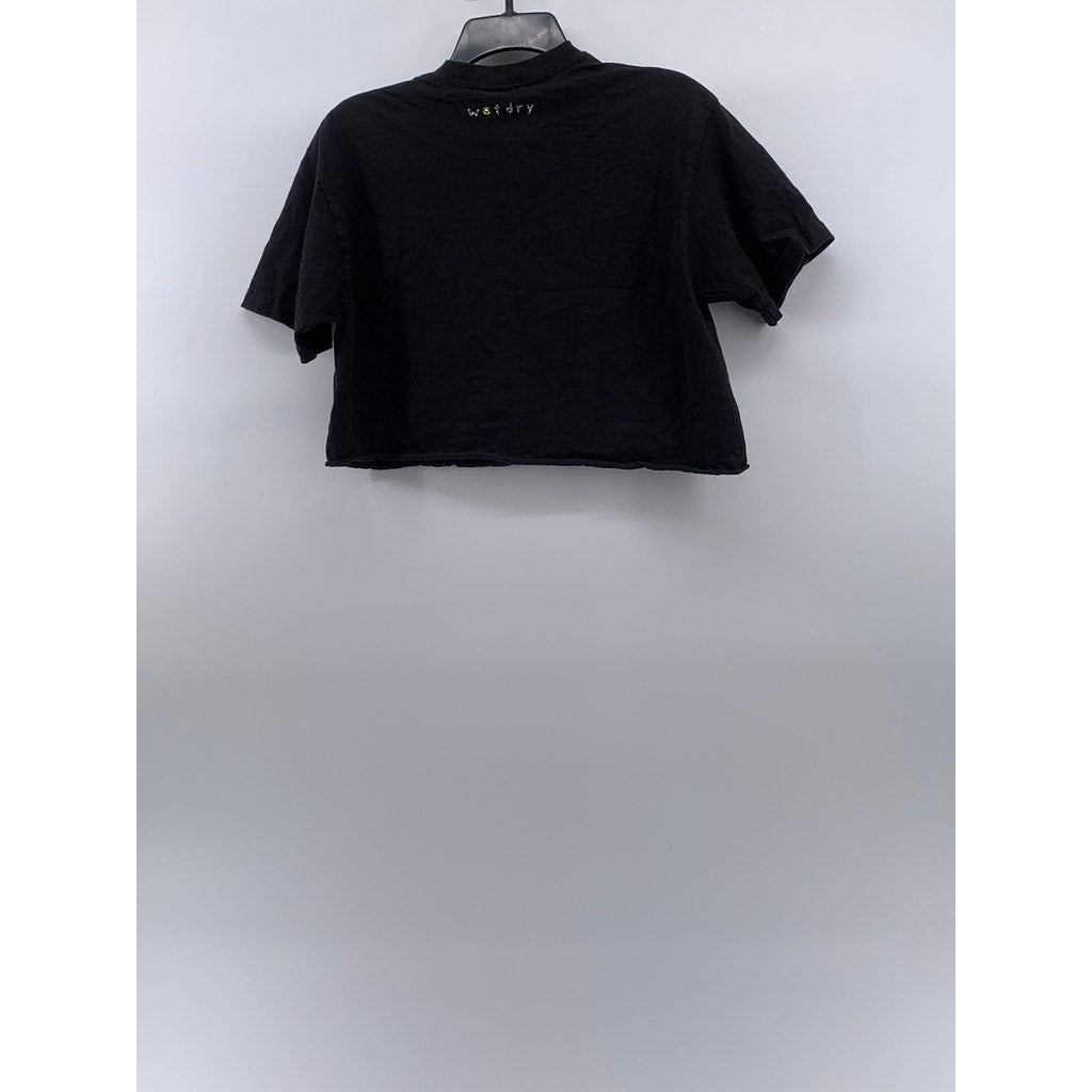 UNBRANDED Women's Black Rose Rhinestone Crewneck Short Sleeve Crop Top SZ M