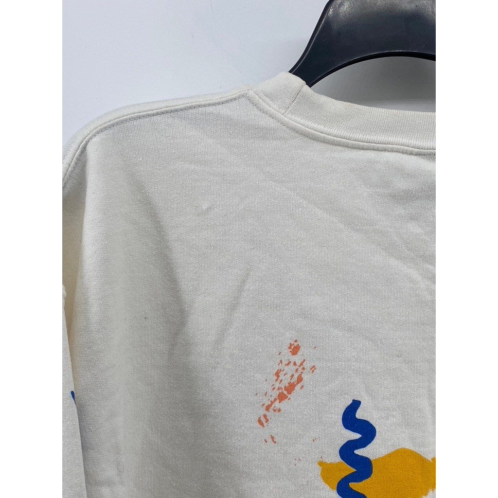 GILDAN Women's White Colorful Printed Crewneck Casual Long Sleeve Sweatshirt SZL