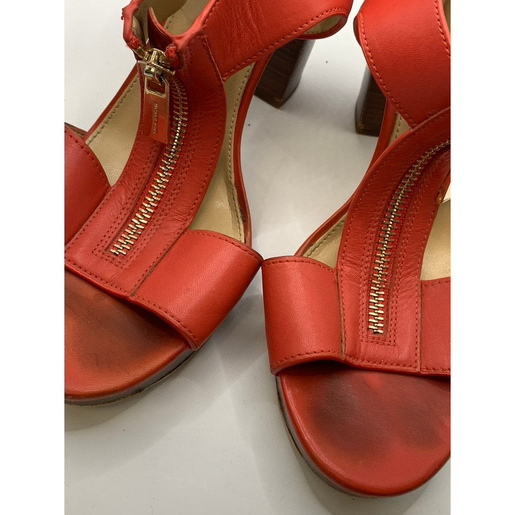 MICHAEL KORS Women's Red Coral Leather Berkley T-Strap Platform Heels SZ 7