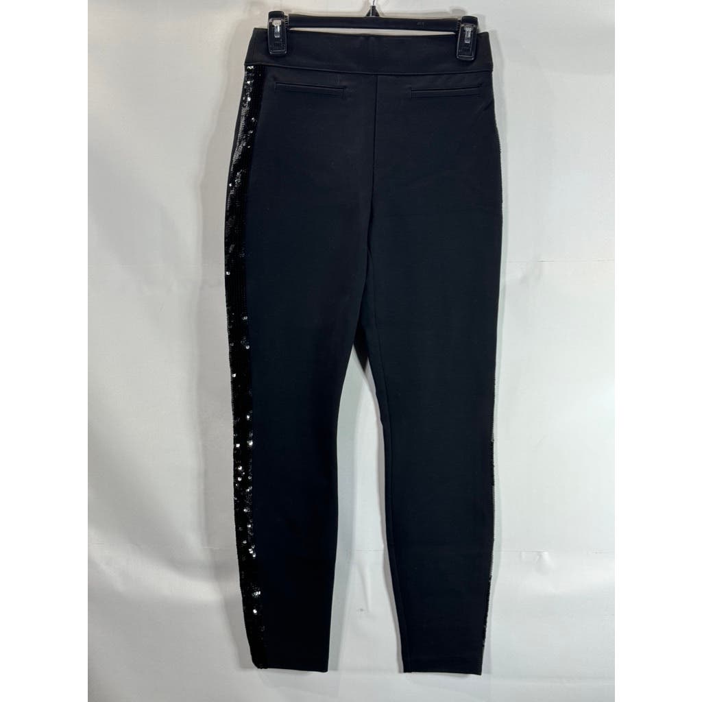 SPANX By Sara Berkley Women's Black Sequin Trim Ponte Skinny Ankle Pants SZ S