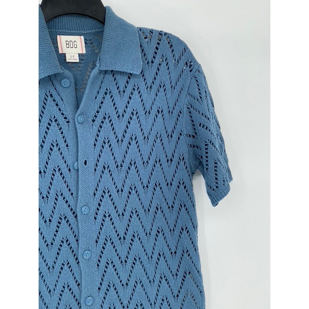 BDG Men's Blue Knit Define Polo Short Sleeve Button-Up Shirt SZ S