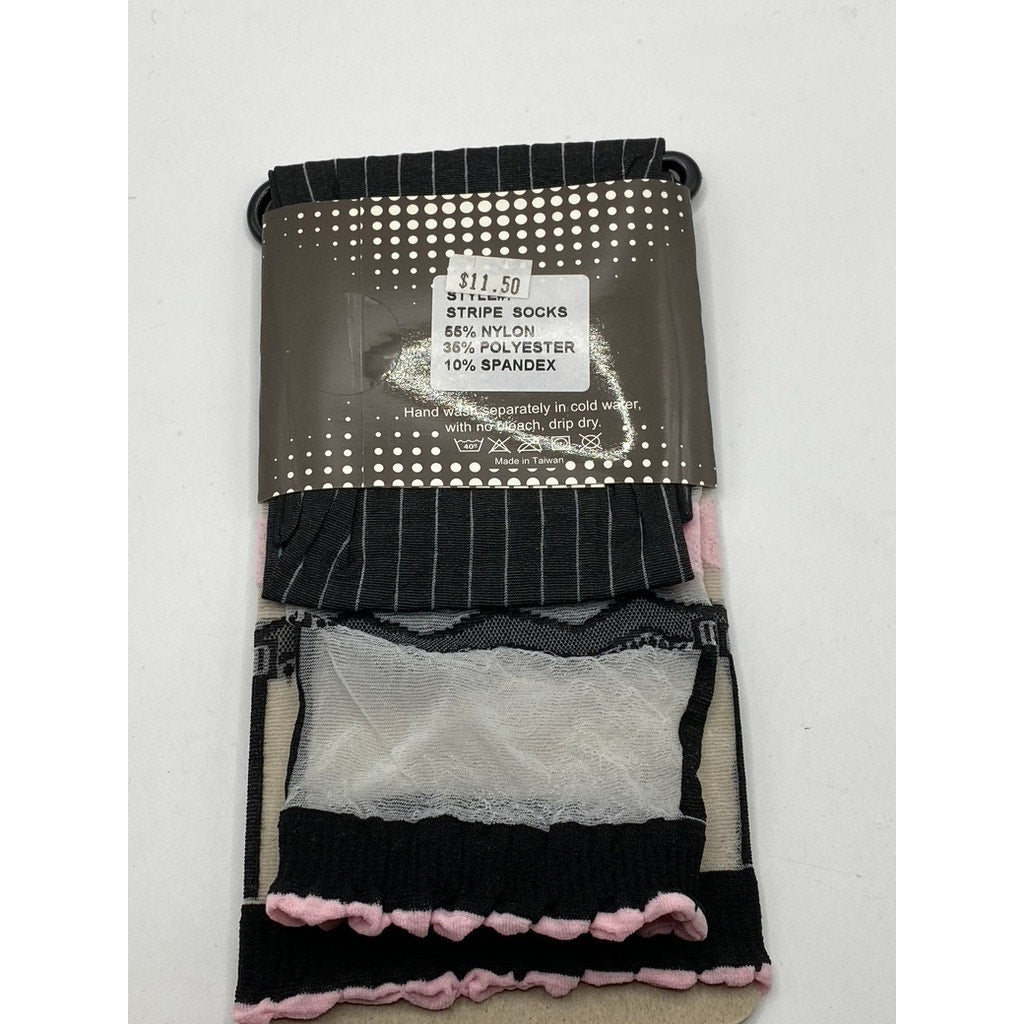 FRENCH CURVE Women's Black-White-Pink Striped Semi Sheer Socks SZ OS
