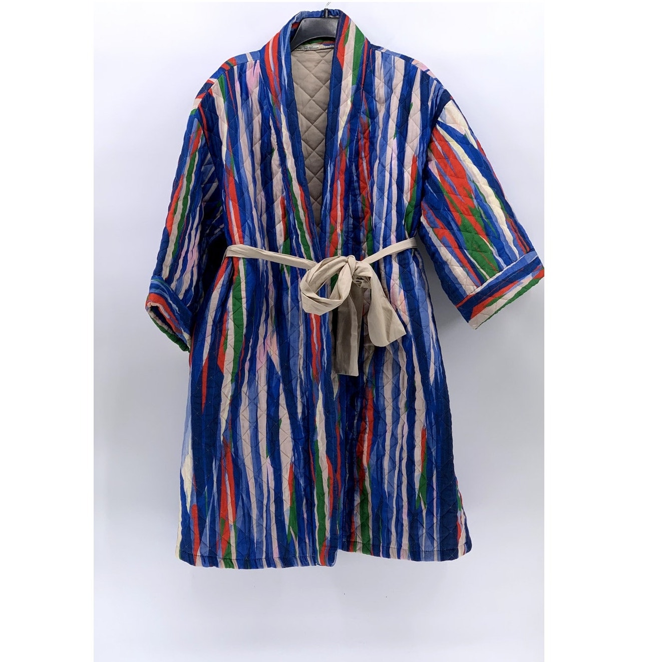 LUKAP Women's Blue-Multi Striped Quilted Belted Kimono Robe SZ OS
