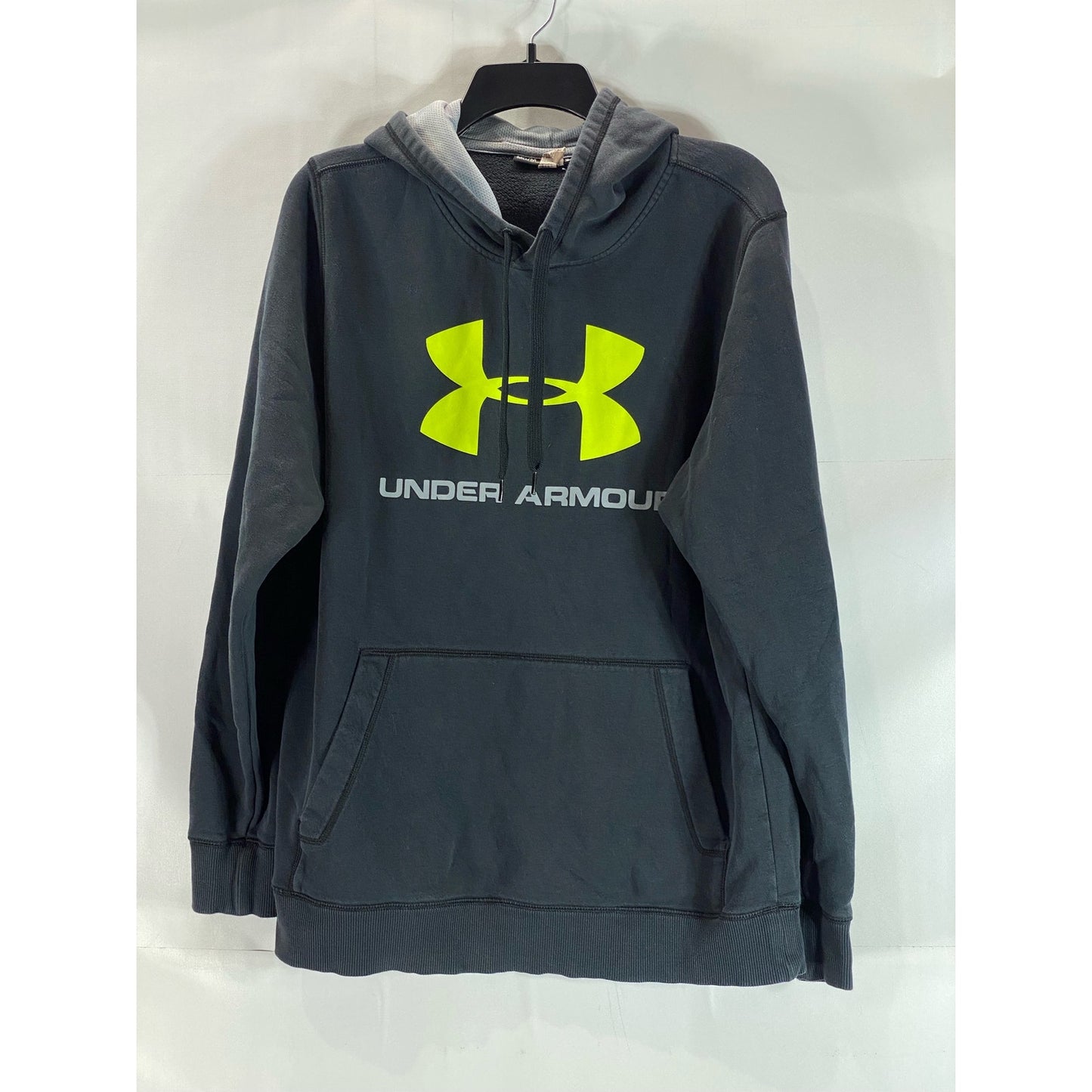 UNDER ARMOUR Men's Black/Neon Green UA Rival Fleece Logo Pullover Hoodie SZ M