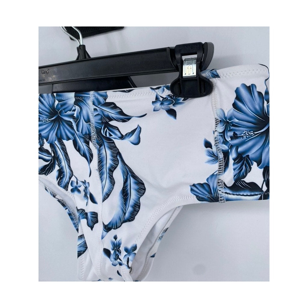 UNBRANDED Women's White-Blue Floral Print Cheeky Swim Bottom SZ L