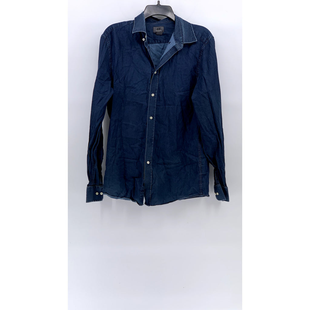 H&M Men's Blue Denim Premium Cotton Button-Up Long Sleeve Shirt SZ M