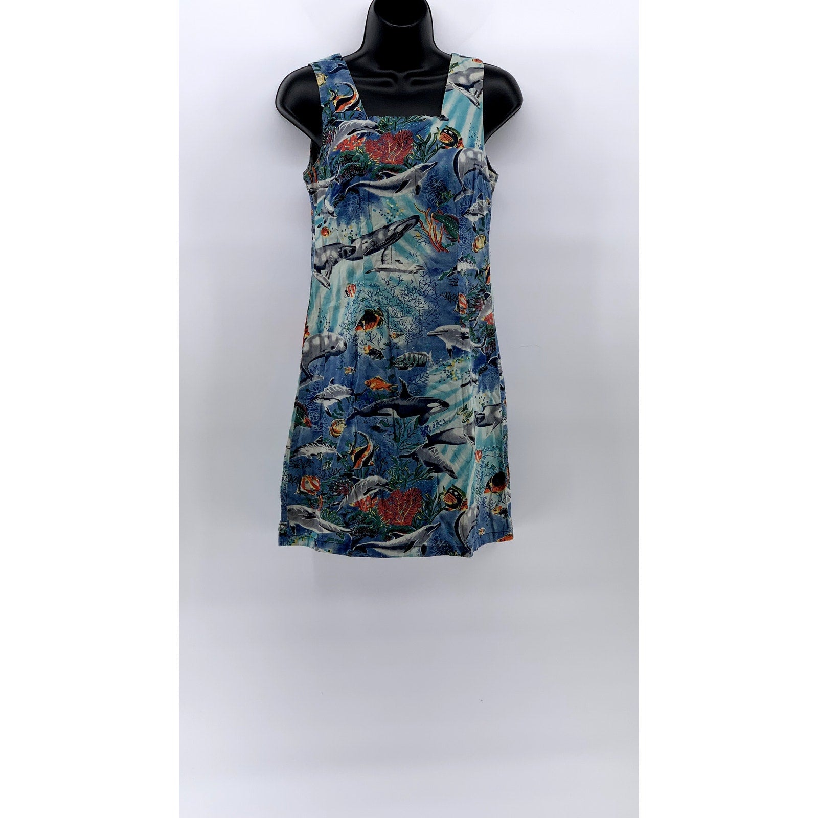 SHANNON MARIE Women's Vintage 70's Blue Sealife Square-Neck Mini Dress SZ S