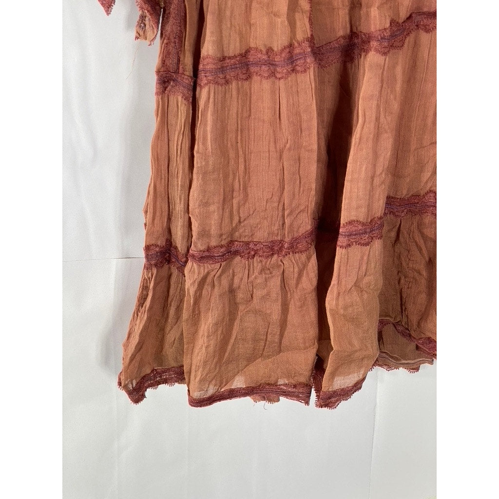 UNBRANDED Women's Burnt Orange Lace-Trim V-Neck Tiered Tie-Waist Midi Dress SZ S