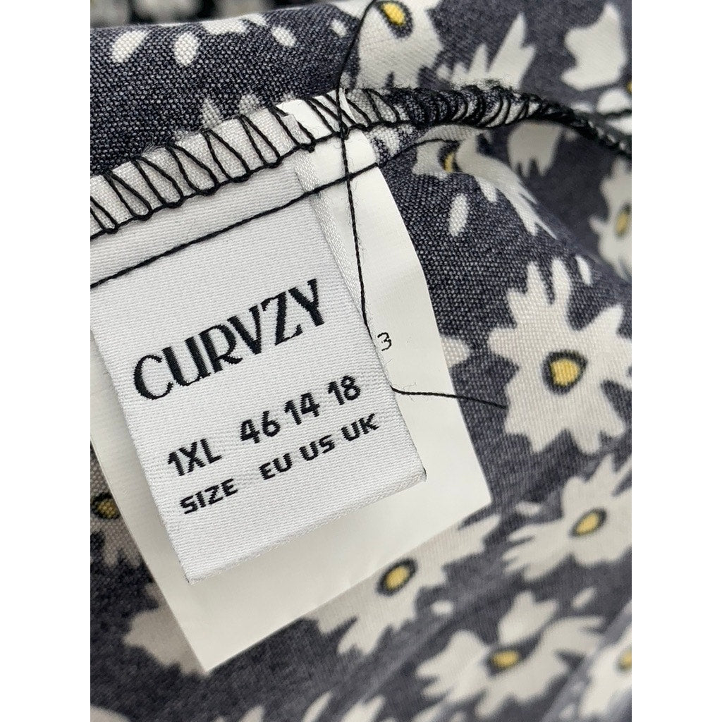CURVZY Women's Black Ditsy Floral Side-Ruched Midi Skirt SZ 14