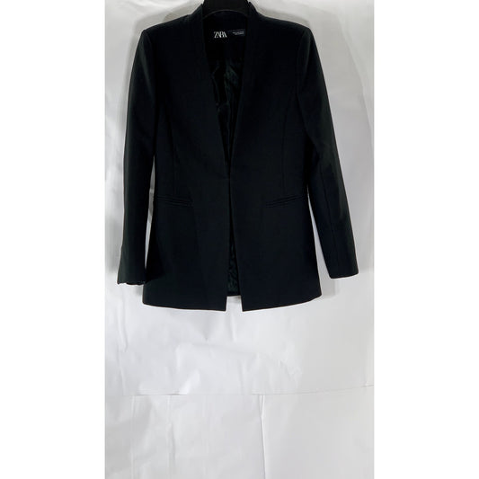 ZARA Women's Solid Black Fitted Hook-Closure Collarless Blazer SZ M