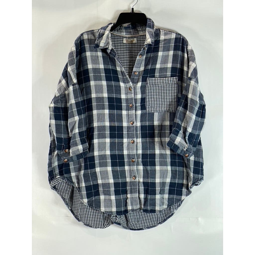 ANTHROPOLOGIE PILCRO Women's Navy Plaid Button-Up Flannel Shirt SZ XS/S