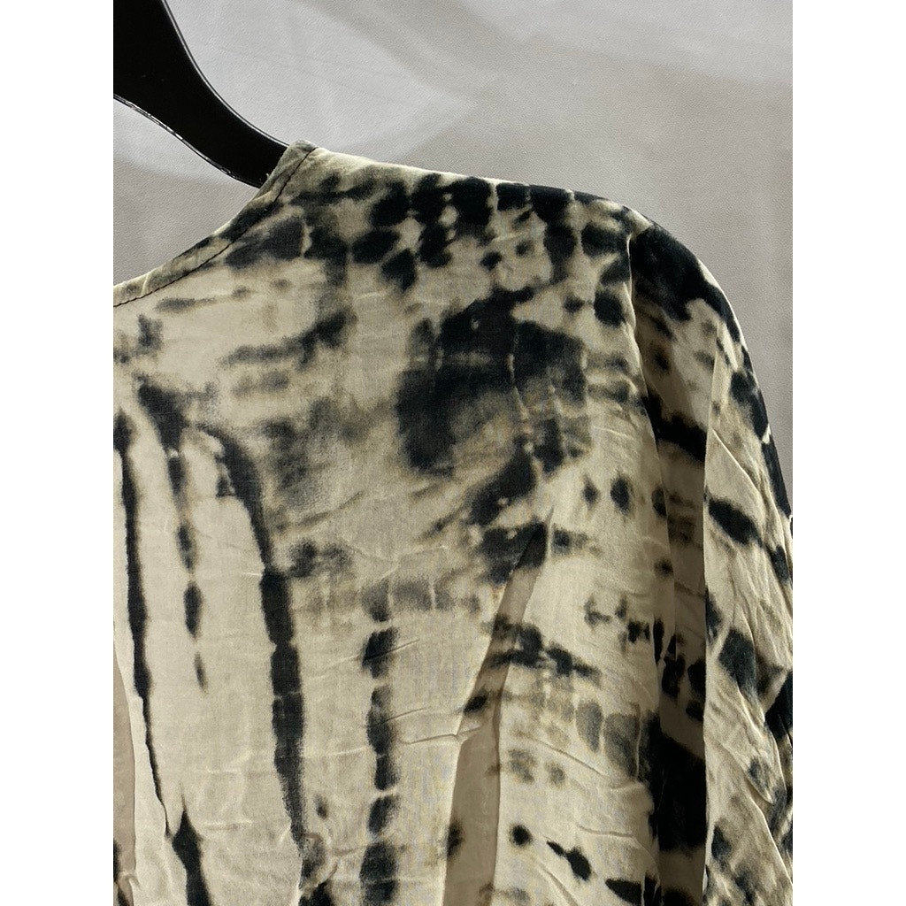 FORVER 21 Women's Beige-Black Surplice Tie-Dye Short Sleeve Relaxed-Fit Top SZ S