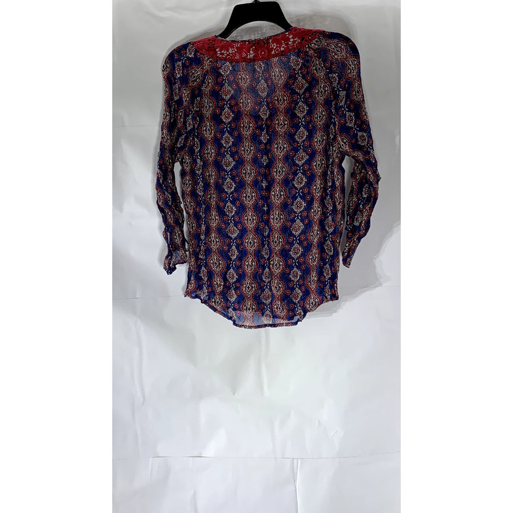 LUCKY BRAND Women’s Navy Crochet Knit 3/4 Cinched Sleeve Sheer Floral Top SZ M