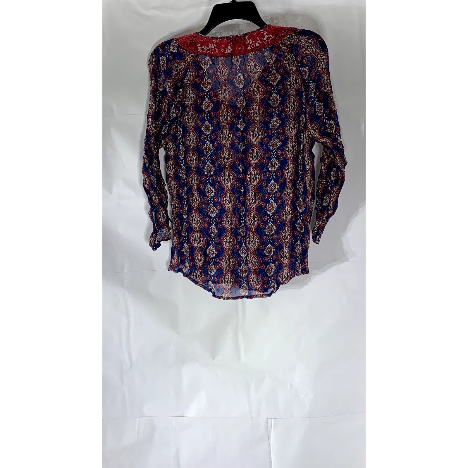 LUCKY BRAND Women’s Navy Crochet Knit 3/4 Cinched Sleeve Sheer Floral Top SZ M