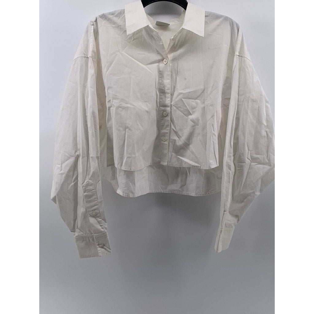 SUNDAY BEST Women's White Button-Up Long Sleeve Collared Cropped Top SZ 3