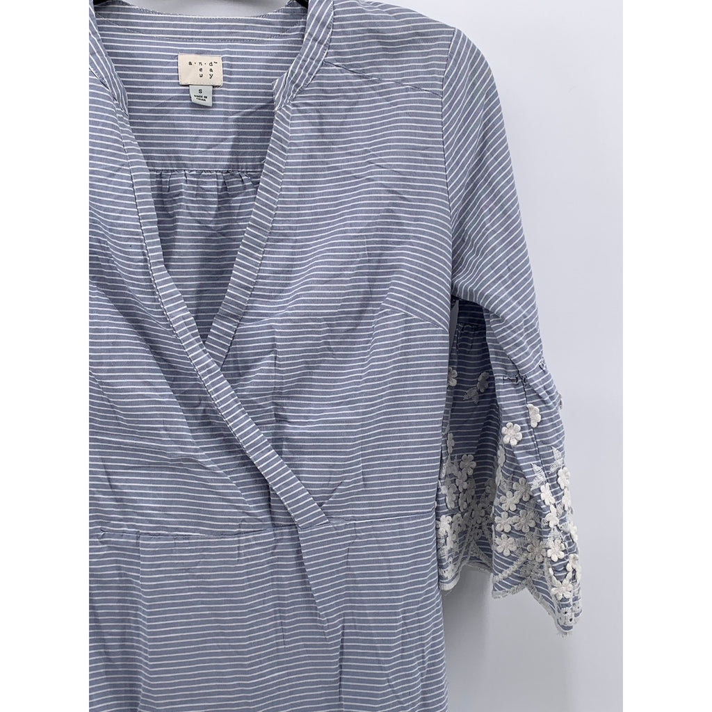 A NEW DAY Women's Blue-White Striped Surplice Embroidered Elbow Sleeve Dress SZS