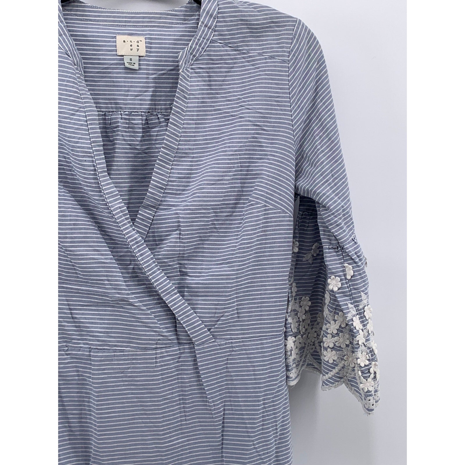 A NEW DAY Women's Blue-White Striped Surplice Embroidered Elbow Sleeve Dress SZS
