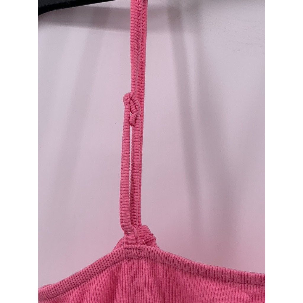 UNBRANDED Women's Pink Ribbed Ruched Spaghetti Strap Cropped Top SZ S