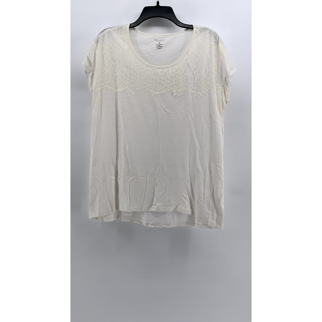 SONOMA GOODS FOR LIFE Women's Off-White Lace Trim Short Sleeve Top SZ L