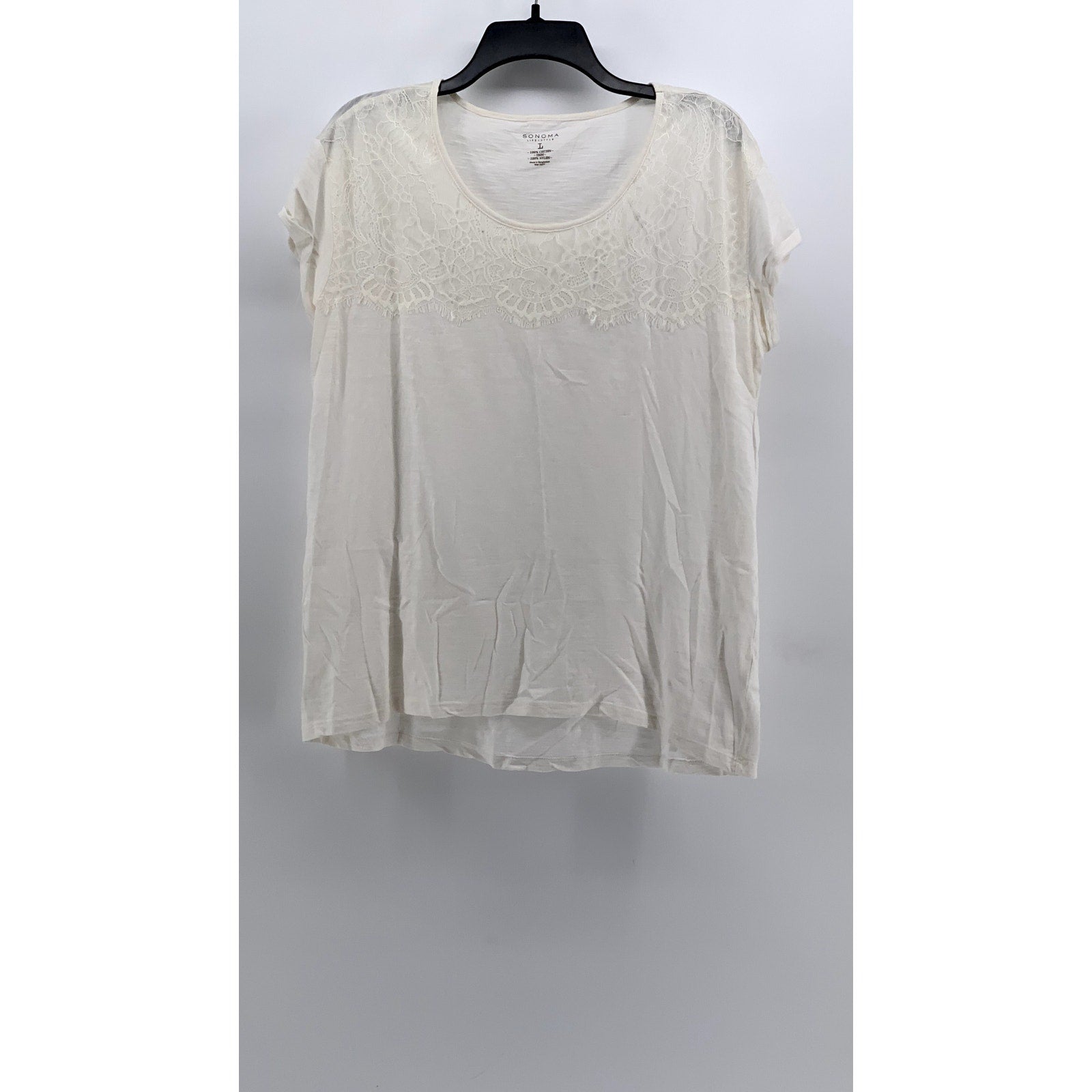SONOMA GOODS FOR LIFE Women's Off-White Lace Trim Short Sleeve Top SZ L