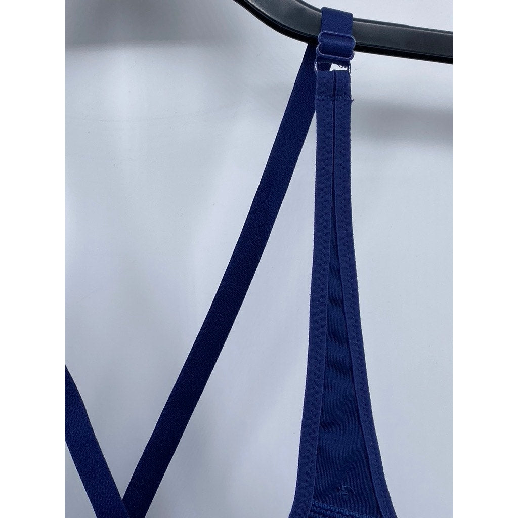 NIKE Women's Navy-Light Blue Scoop-Neck Logo Dri-Fit Cross-Back Sport Bra SZ M