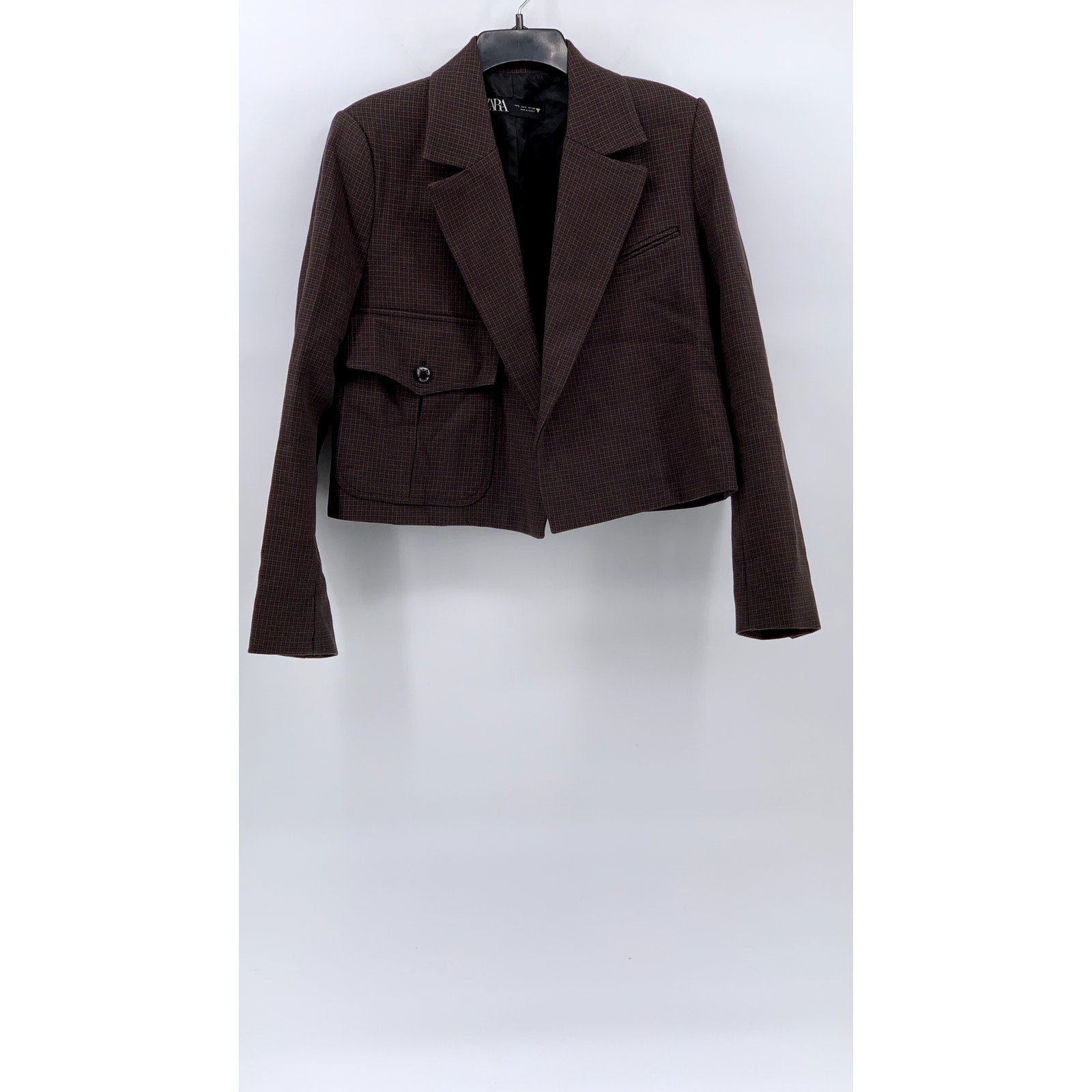 ZARA Women's Brown Gingham Open-Front Long Sleeve Cropped Blazer SZ S