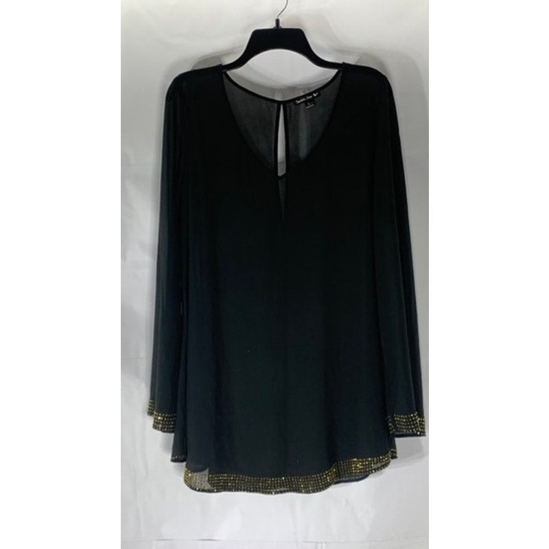 DOUBLE ZERO Women's Black Sheer V-Neck Long Sleeve Studded Lightweight Top SZ L